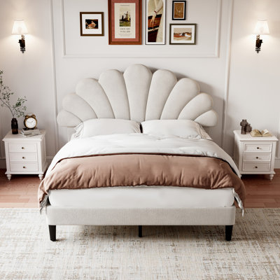 Adreon 135*190cm Double Upholstered Velvet Bed Frame, with Adjustable Chic Petal Headboard