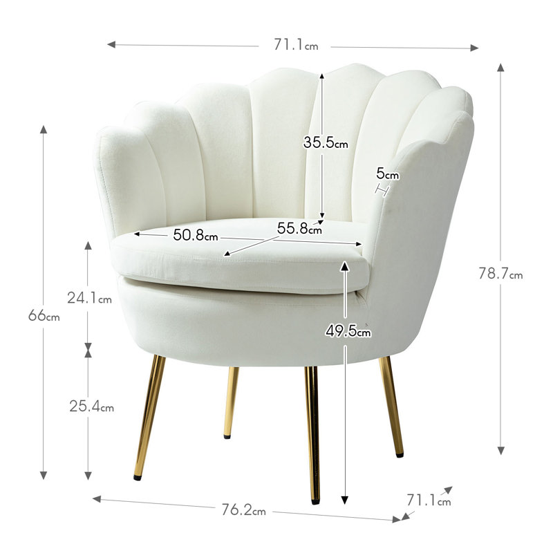 Donata  Modern Velvet Barrel Chair with Channel Tufted Back and Scalloped Seashell Edges, Ivory