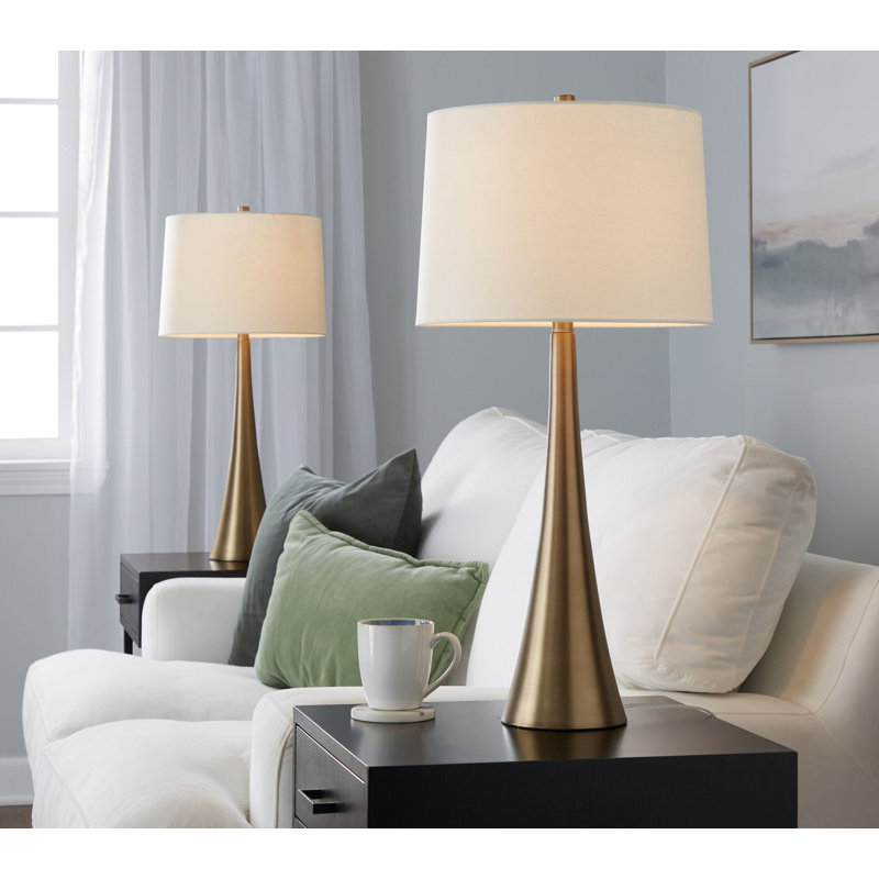 Lampe de table contemporaine 29 po en métal, bronze doré mat avec abat-jour en lin blanc, ensemble de 2
