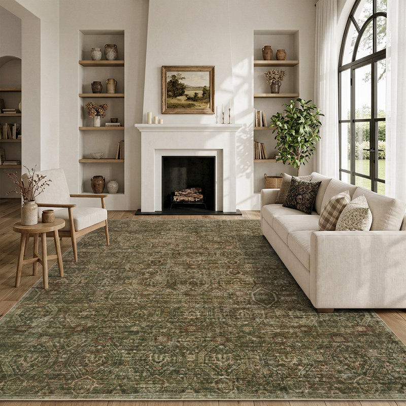 Tapis vert délavé doux et délavé avec envers antidérapant , Green, Rectangle 5' x 7'