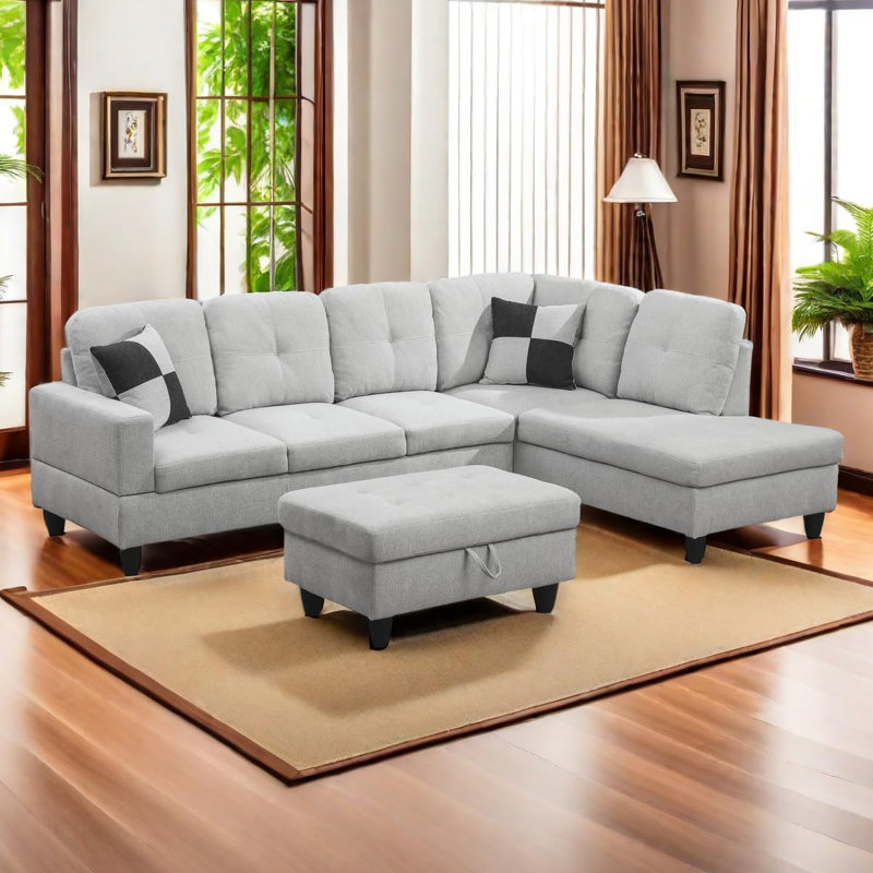 Canapé modulaire en flanelle 3 pièces, Gris, Orienté à droite