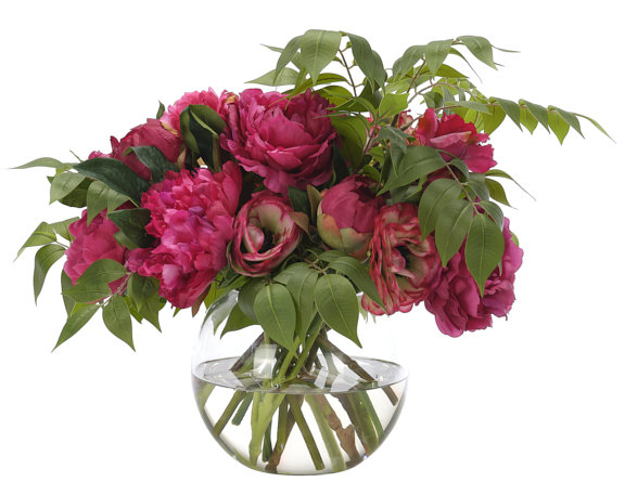 Peony Ranunculus, Fuchsia Burgundy, Glass Bubble, 22wx16dx17