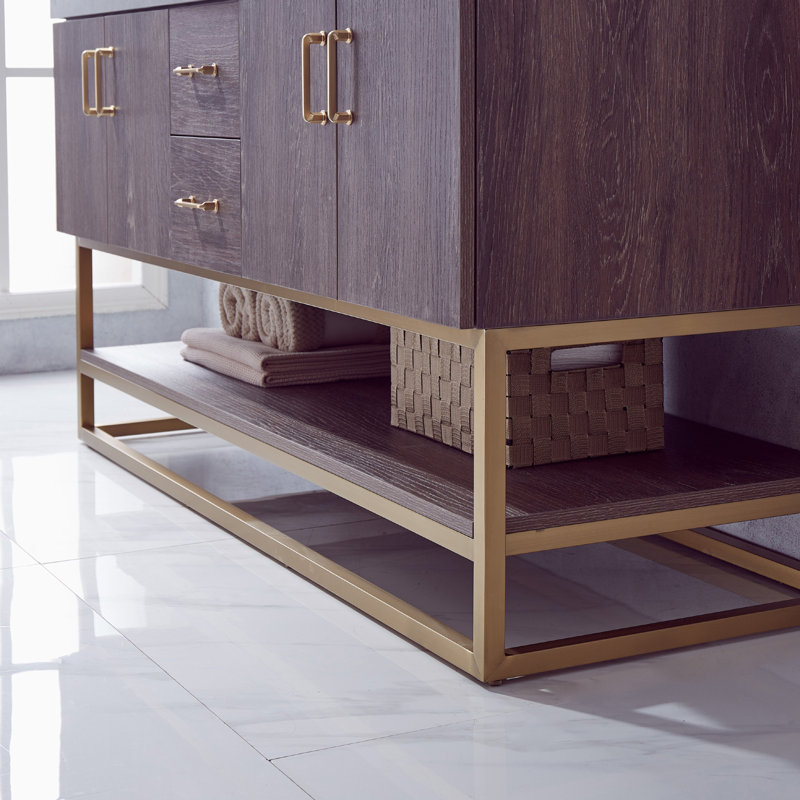 Alistair 60'' Double Bathroom Vanity with Engineered Stone Top, Gold, Redwood, Grey