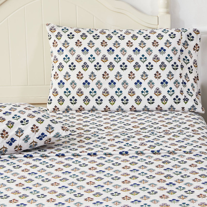 Ensemble de draps en coton percale Sumita, Ensemble de draps pour grand lit avec deux taies d, Bleu