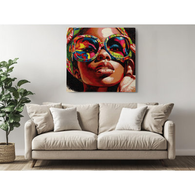 «Vibrant Woman Portrait», impression sur toile, décoration murale Pop Art colorée avec lunettes de soleil et couvre-chef