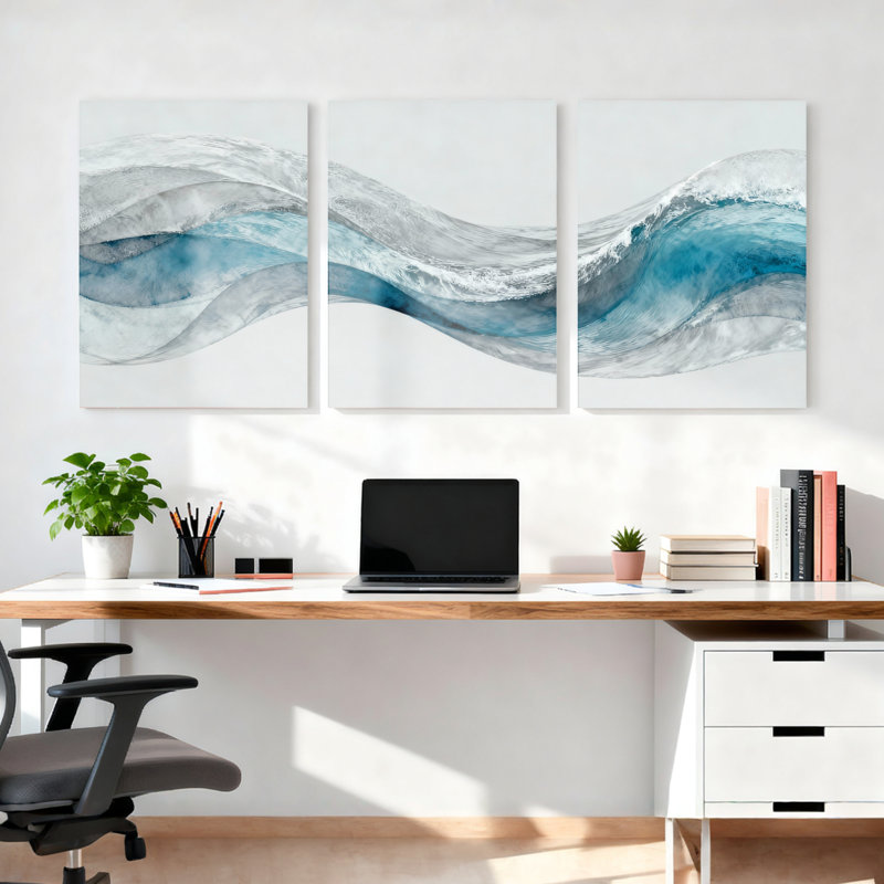 Ensemble de 3 tableaux abstraits sur toile tendue, motif vague, H 36 po x l 72 po
