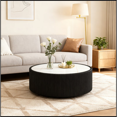 Light Marble Top Cylinder Shape Leather Coffee Table, Durable and Elegant for Modern Living Spaces