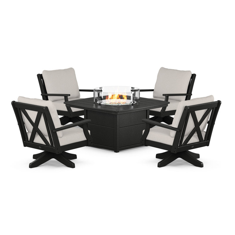 Braxton 5-Piece Deep Seating Swivel Conversation Set with Fire Pit Table, Black, Dune Burlap