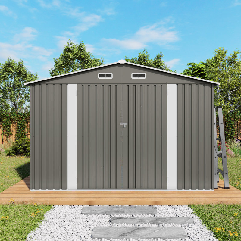 Remise de rangement extérieure en métal 10 x 12 pi avec double porte et deux fenêtres, imperméable, grise, idéale pour les vélos d'atelier dans la cour de neige près de la piscine