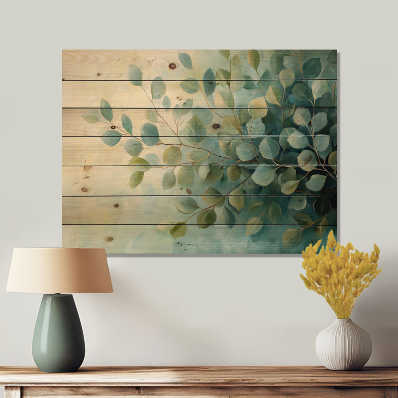 Eucalyptus Leaves Dance Of The Foliage I - Leaves Wood Wall Decor - On Natural Pine Wood, 10" H x 20" W