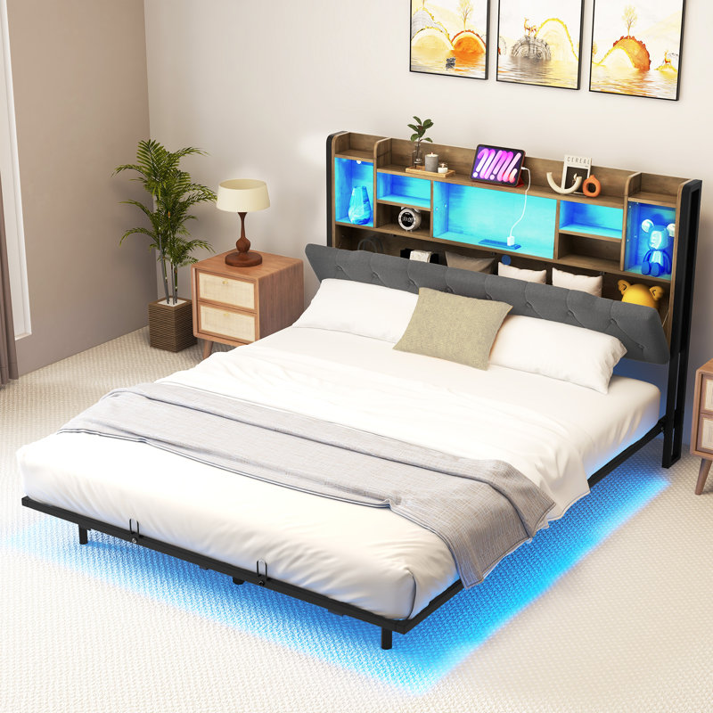 Lit plateforme tapissier avec tête de lit avec rangement et lumières DEL, Gris, Double