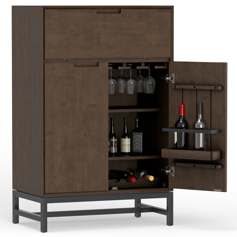 Banting 32"W Solid Hardwood Industrial Bar Cabinet with Wine Shelf, Stemware Rack, and Extra Storage