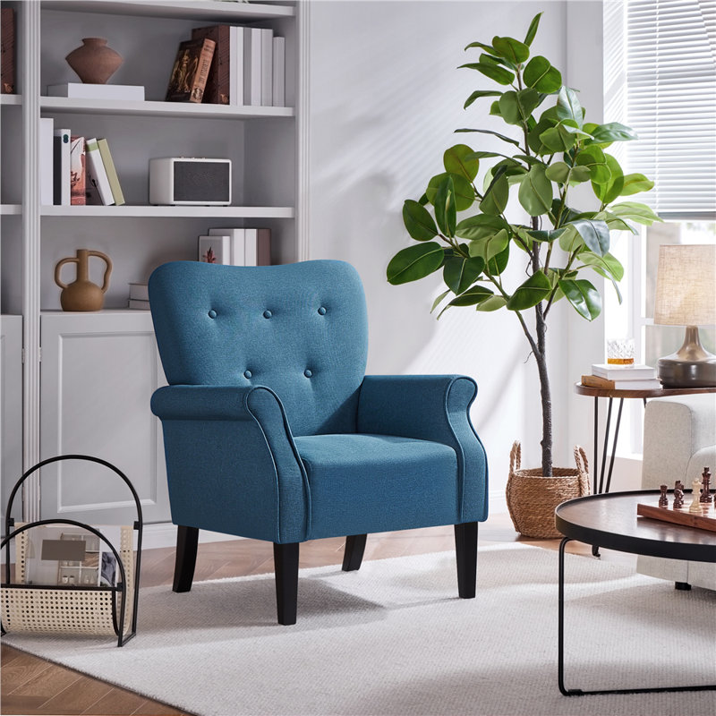 Button-Tufted Accent Chair - Solid Wood Legs with Rolled Arm, Navy Blue