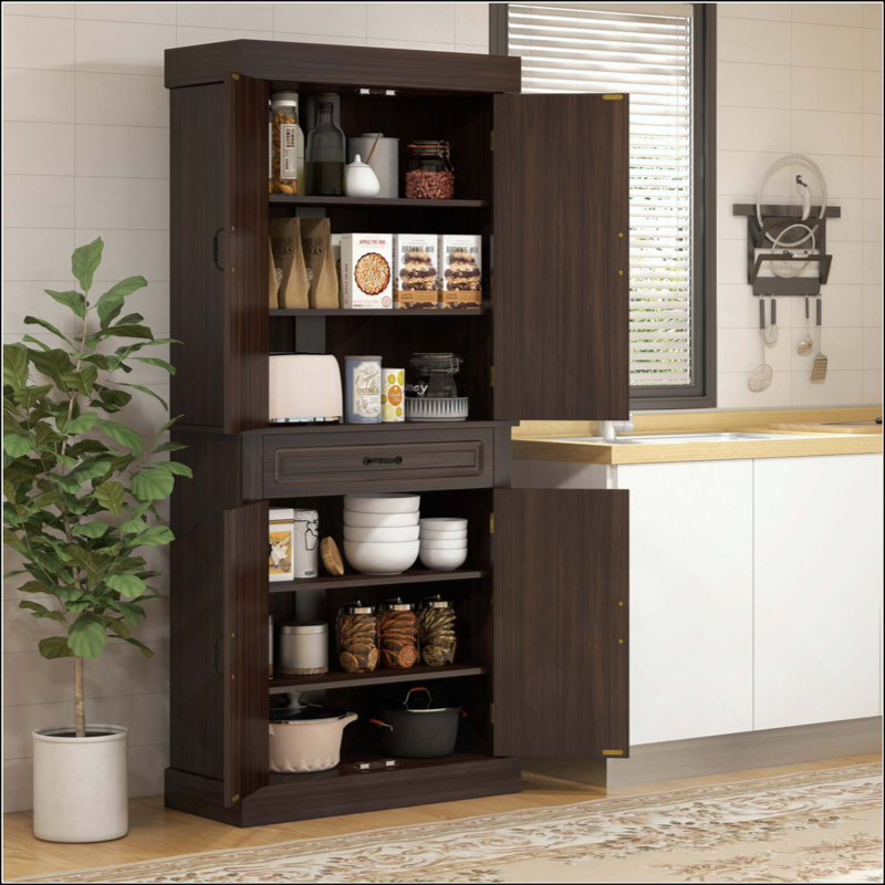 Garde-manger autoportant avec 4 portes et 2 grandes armoires, armoire de rangement haute avec tiroir large pour la salle à manger