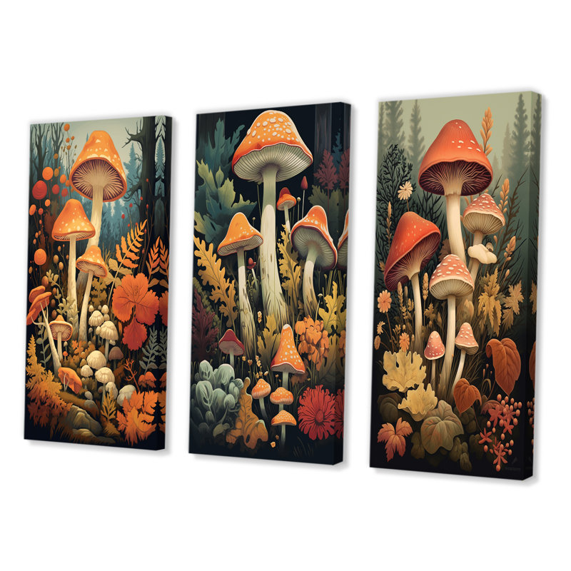 «Autumn Mushroom In Forest Vintage Illustration», 3 pièces sur toile, Toile tendue, H 20 po x l 36 po
