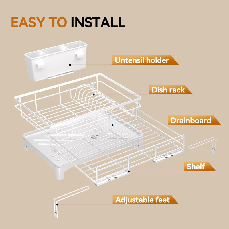Égouttoir à vaisselle - Support extensible, égouttoir à vaisselle de grande capacité pour comptoir de cuisine, antirouille avec porte-ustensiles
