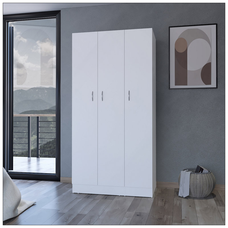 Armoire Casper avec 2 tiroirs, tringle suspendue et 3 portes, Blanc