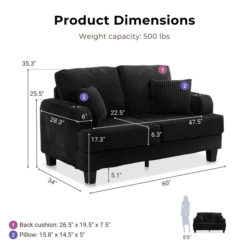 Luka 2-Piece Chenille Sofa Set, Black, 2 Pcs: Sofa, Loveseat