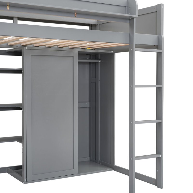 Lit mezzanine simple en bois gris avec beaucoup d'options de rangement, Gris