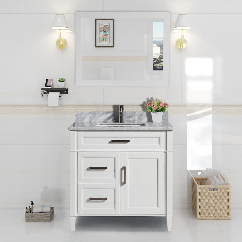 Lachine 36 " W Free Standing Wall Mounted 1 Single With Carrara Marble Top with Mirror, White