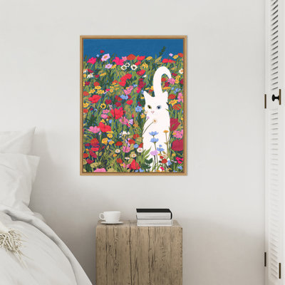 White Cat in the Wildflowers by Isaah Framed Canvas Wall Art Print