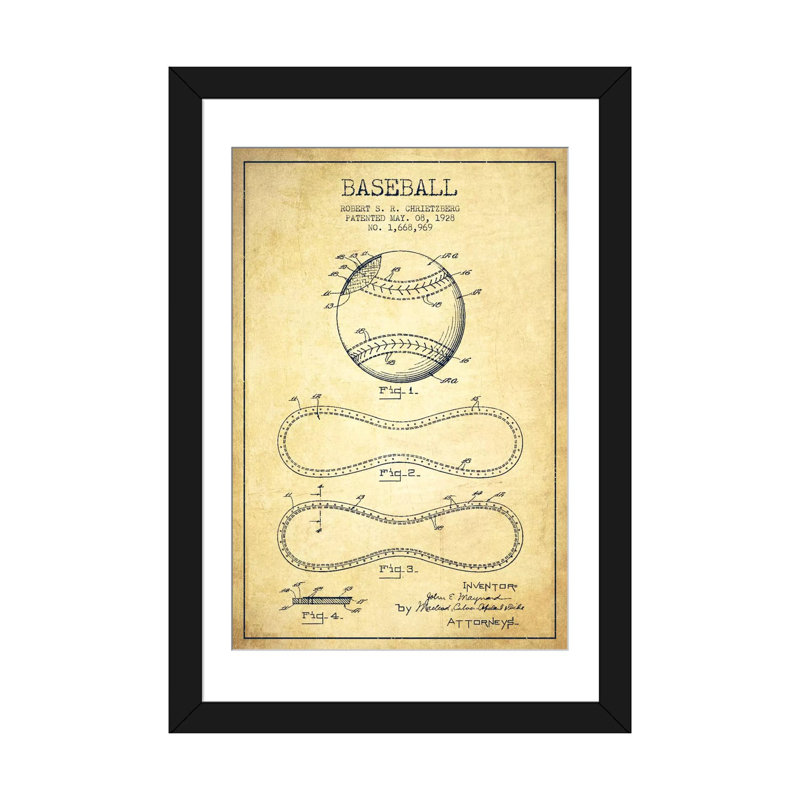 " Baseball Vintage Patent Blueprint " by Aged Pixel, Black Framed Fine Art Paper, 24" H x 16" W x 1" D, White