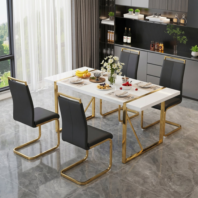 5-Piece Modern Rectangular High-Gloss Dining Set with Faux Leather Cantilever Chairs, Black/Gold, White