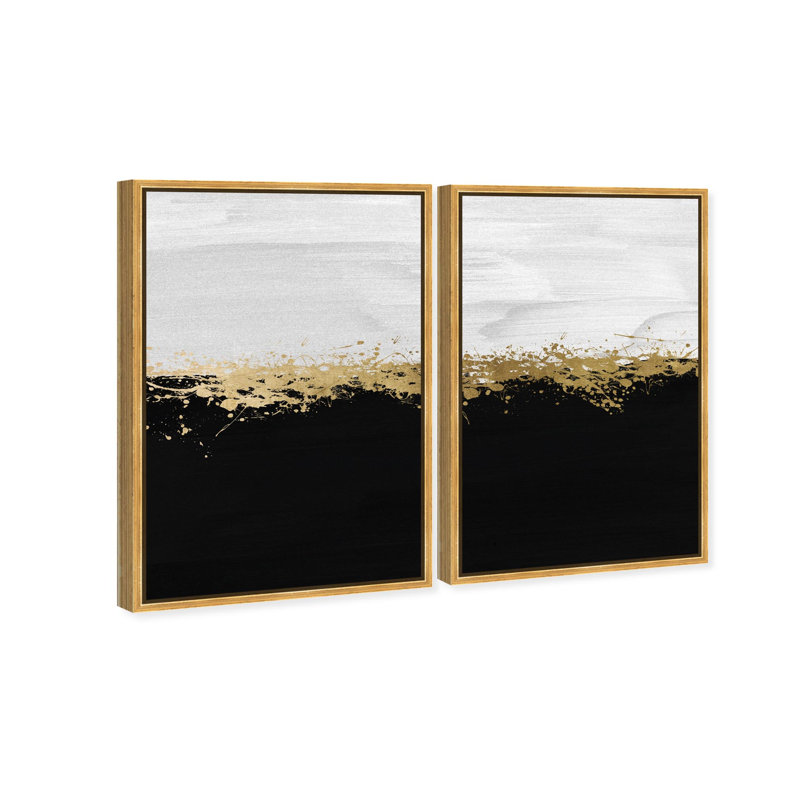 Oliver Gal Halfway in Black and White Diptych Abstract - Hand-Applied Leaf Framed Canvas Art, 46" H x 31" W, Gold