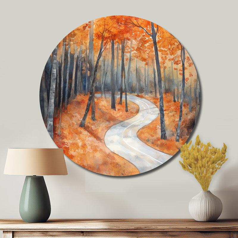 Forêt d'automne, art mural rond en métal, L 16 po x H 16 po