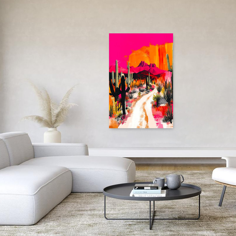 Vibrant Desert Road Abstract Dramatic Vibrant Cactus Landscape Nature Wall Art Print 1 Piece Wrapped Canvas Wall Art