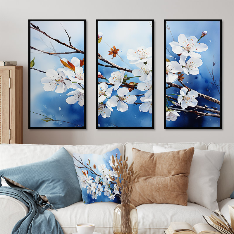 Fleurs de cerisier du Japon Azure I - ensemble de décorations murales d'art japonais, Cadre flottant noir