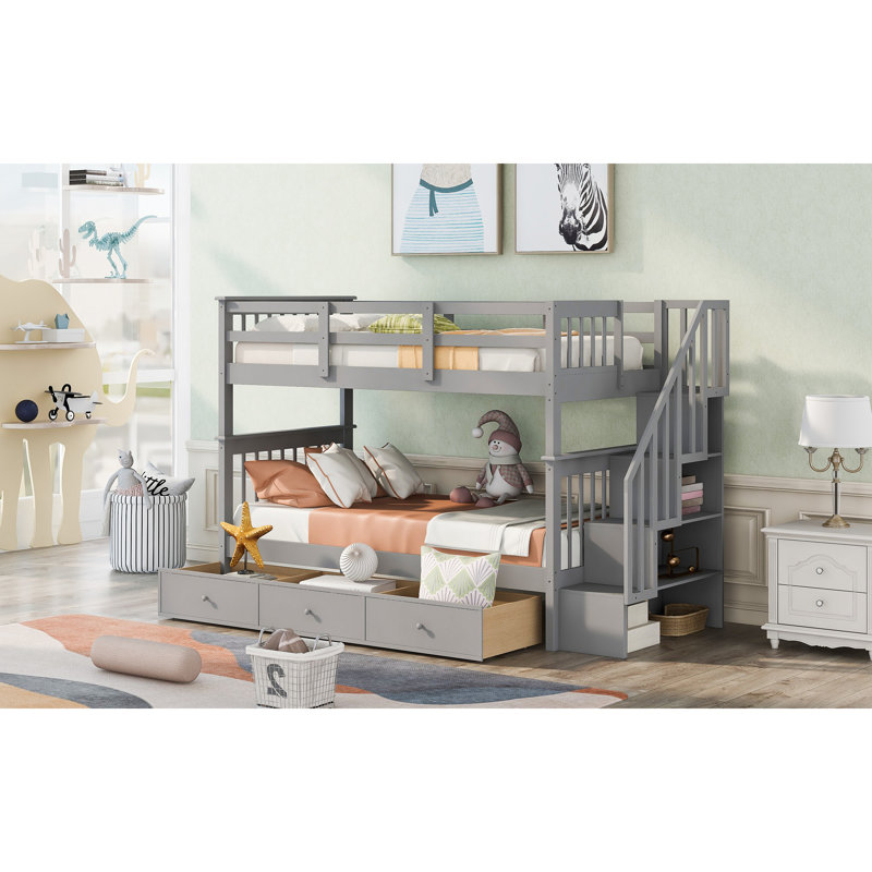 Lit superposé à escalier avec trois tiroirs pour chambre à coucher, dortoir, Gris
