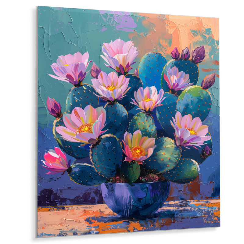 Cactus mauve et bleu, coucher de soleil Vibes II - Cactus floral, salon d'art mural, Métal métal, H 20 po x l 12 po x P 1 po