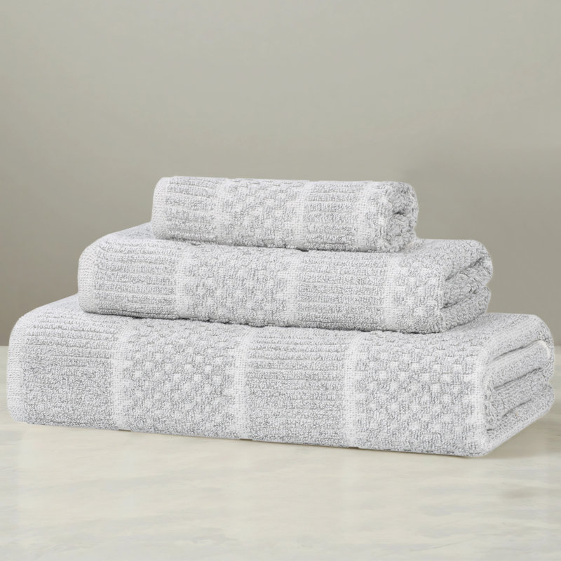 Annalotta Viscose Cotton Blend Medium Weight Textured Checkered 3 Piece Towel Set, Platinum
