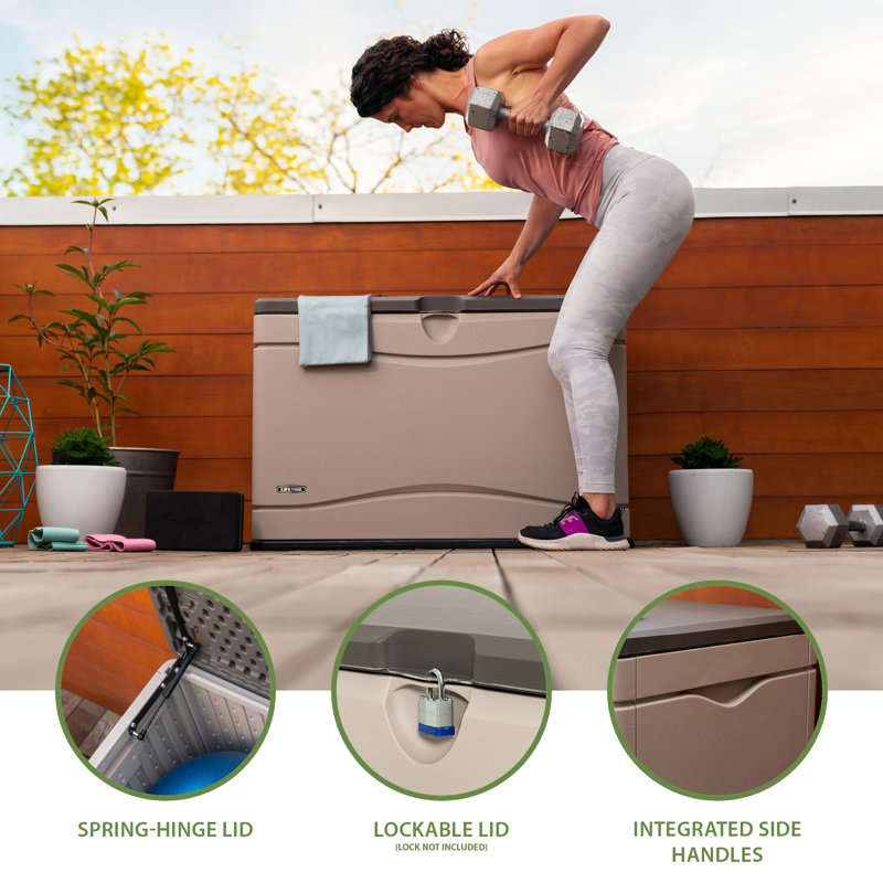 Lifetime Water Resistant Plastic Lockable Deck Box, Tan/Gray, 80 Gallon