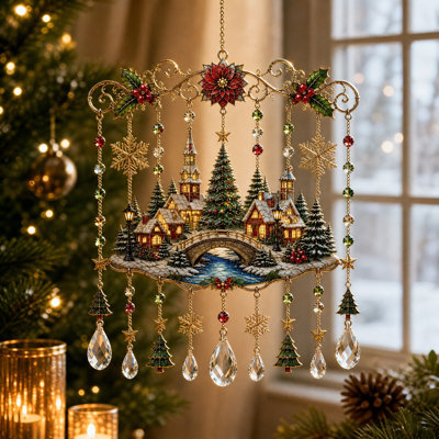 Décoration de Noël décorations de Noël renne de Noël en cristal suspendus carillon de vent festif avec lanternes de flocon de neige pour fenêtre