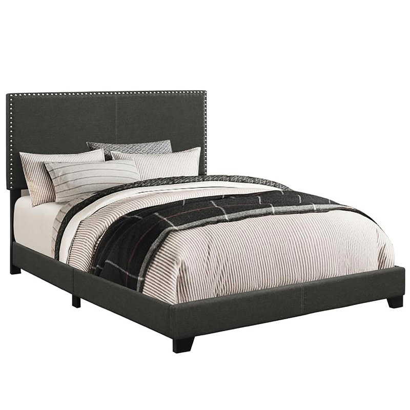 Lit double transitionnel avec tête de lit en bois massif et revêtement gris anthracite, Gris anthracite, Lit double