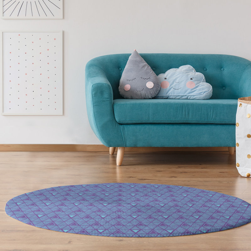Tapis bleu/mauve léger dessiné à la main, Rond 5 pi