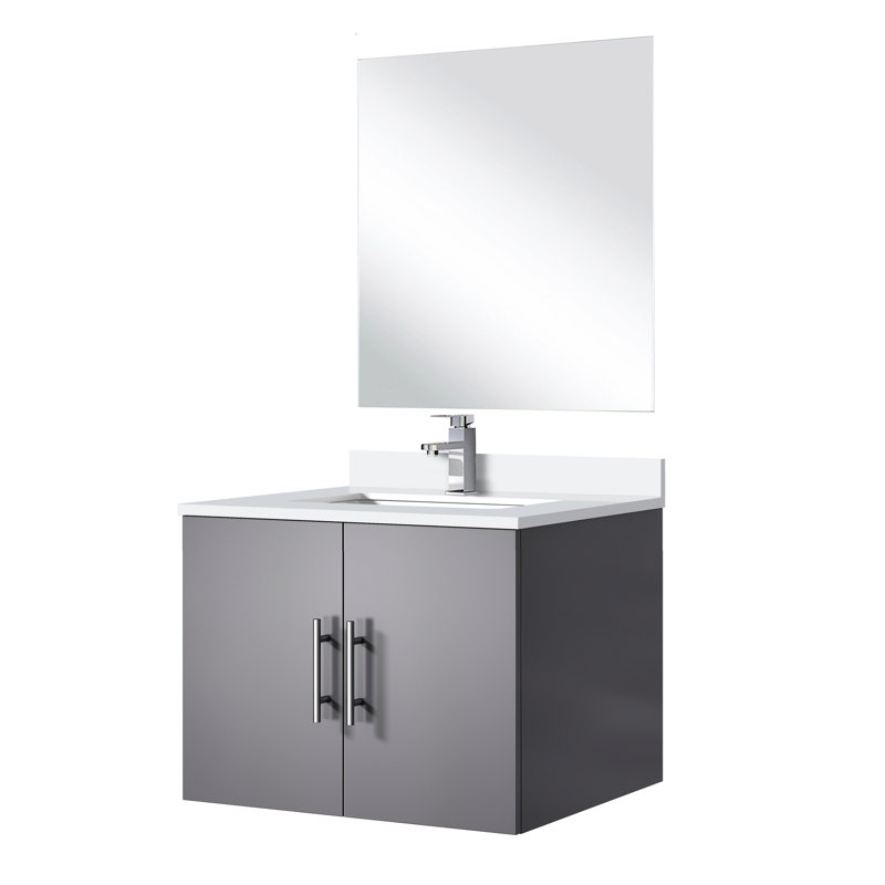 Meuble-lavabo pour salle de bain gris foncé 24 po L 22 po x P, comptoir, robinet et miroir en quartz blanc