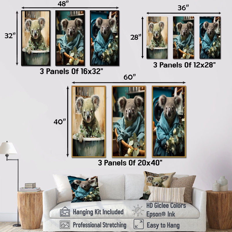 Koalas Laundry Time - Ensemble de 3 reproductions d'art sur toile, Cadre flottant noir, H 32 po x l 48 po