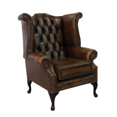 High Back Chesterfield Upholstered Full Grain Leather Wingback Chair
