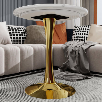 Marble-Top Round Side Table with Tapered Pedestal Base, Ideal for Living Room, Modern Minimalist Design