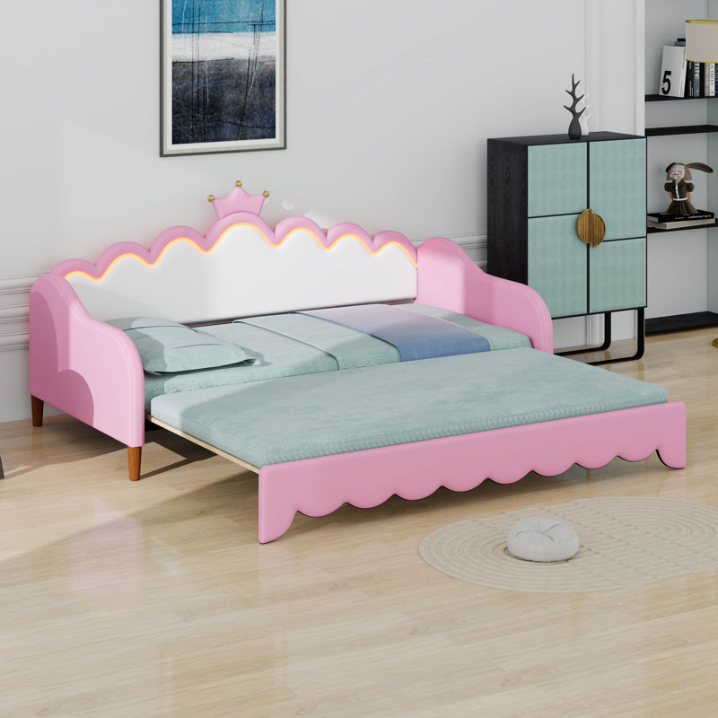 Twin Size Extending Princess Daybed: Modern Upholstered Design With Crown Headboard & LED Lights, Pink