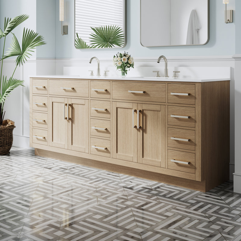 84" W x 35" H Freestanding Bathroom Solid Wood Vanity With White Cultured Marble Countertop And Ceramic Double Sink,Oak, Oak