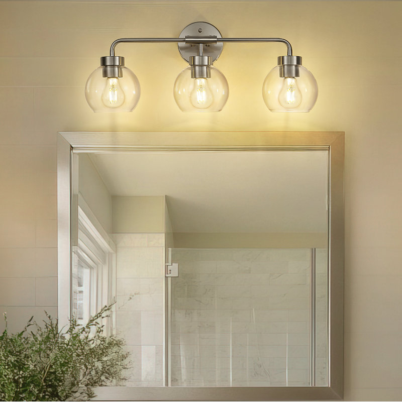 23 Inch 3-Light Farmhouse Vanity Light, Clear Glass Globe Shade, Brushed Nickel, 3 Lights , Brushed Nickel