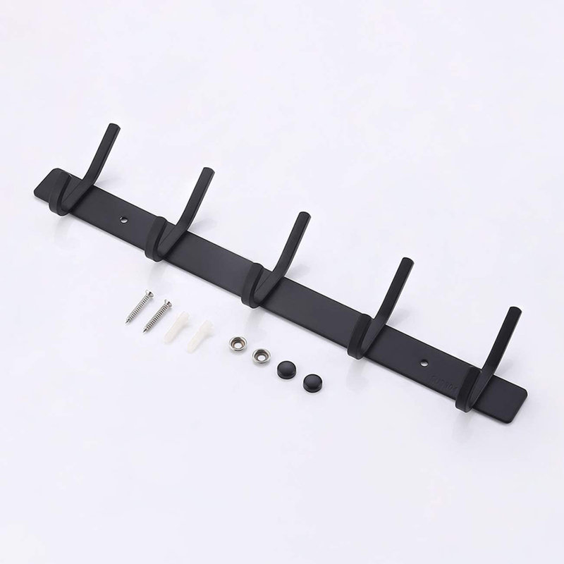 Modern 5-Hook Wall Mounted Towel Bar, Brushed Nickel Alternative in Matte Black Stainless Steel, Perfect for Bath Towels, Robes & Kitchen Utensils 