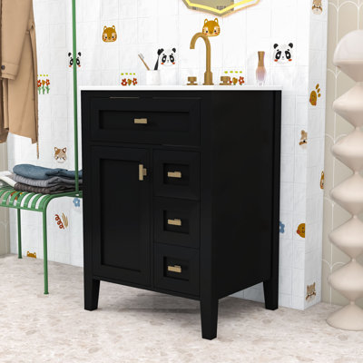Compact 24-Inch Bathroom Vanity with Ceramic Sink, 3 Drawers, 2-Tier Door Shelves and Soft-Close Hinges