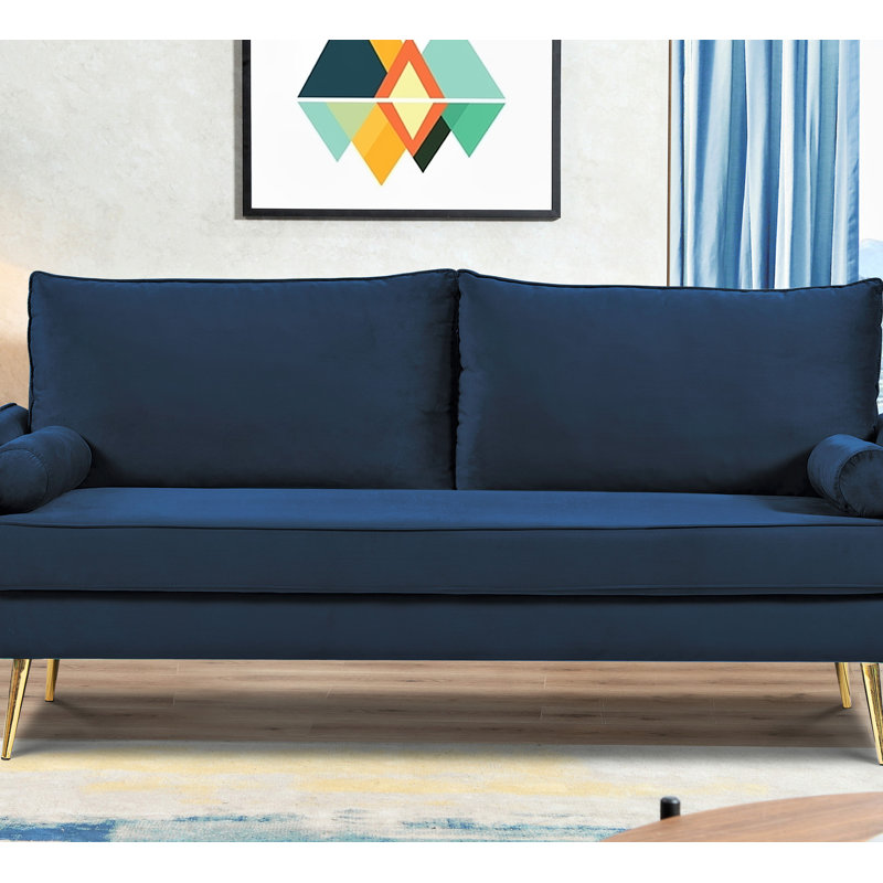 Canapé Mid-Century en velours avec pieds en métal doré, Dark Blue Polyester