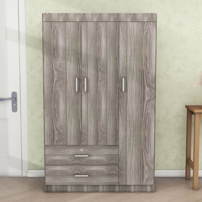 Jovaun Wood 2 Drawers Wardrobe with 3-Doors and Shelves