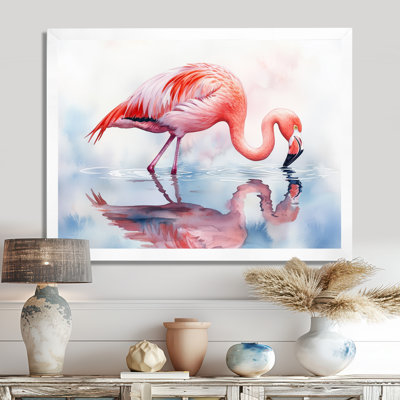 Flamant rose reflets au bord du lac II - flamant rose, art mural